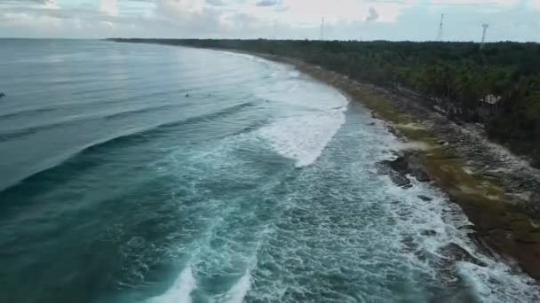 Vista Aerea Dell Oceano Con Onde Surfisti Costa Sull Isola — Video Stock