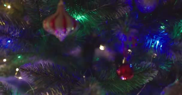 ハッピーニューイヤークリスマスツリーは 家族の冬の休日のための電球ガーランドを明るくする側面のバックグラウンドボケの上に枝の雪を飾ります 高品質の4K映像 — ストック動画