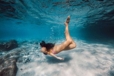Kadın tropikal denizde dalıyor ve yüzüyor. Seksi bir kadınla şnorkelle yüzmek.