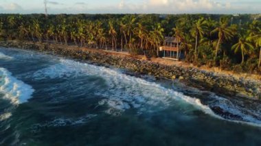 Okyanus kıyısında Hindistan cevizi palmiyeleri ve ılık gündoğumu ile Maldivler 'deki tropikal adalarda günbatımı tonları. Yüksek kalite 4k görüntü