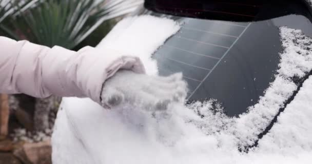 Kadın Arabasını Kardan Temizliyor Yüksek Kalite Görüntü — Stok video