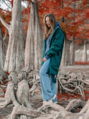 Tacsodium ağaçlarının arasında parkta yürüyen bir kadın. Sonbahar ormanlarındaki insanlar.