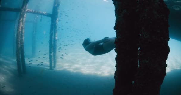 Woman Freediver Swimming Underwater Blue Sea Female Swims Fins Pier — Stock Video