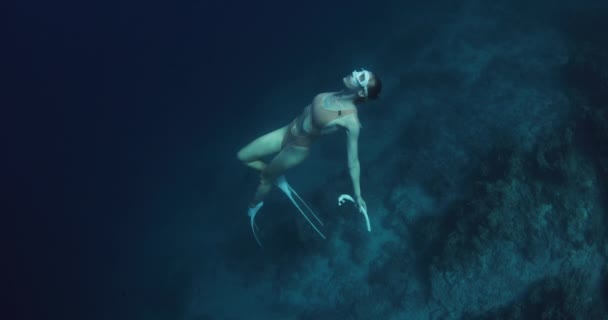 女性はフィングライドで解放し 深海で楽しんでいました 青い海で解放された 高品質の4K映像 — ストック動画