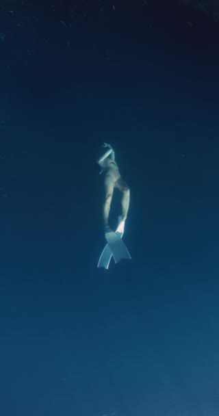 Mujer Freediver Con Aletas Desliza Disfruta Océano Profundo Libre Océano — Vídeo de stock