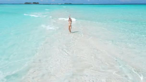Mulher Andando Praia Areia Branca Tropical Com Oceano Vista Aérea — Vídeo de Stock