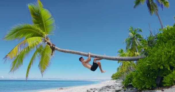 Mężczyzna Bez Koszulki Relaksuje Się Plaży Wspina Się Palmę Kokosową — Wideo stockowe