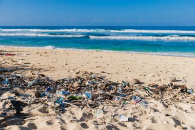 Bali adasındaki okyanus plajındaki plastik çöplerle kirlilik.