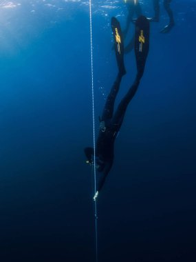Mart 04, 2024. Nusa Penida, Endonezya. Dalgıç kıyafetli adamlar mavi okyanusun derinliklerine dalmak için eğitiliyorlar. Şeffaf denizde profesyonel serbest dalış
