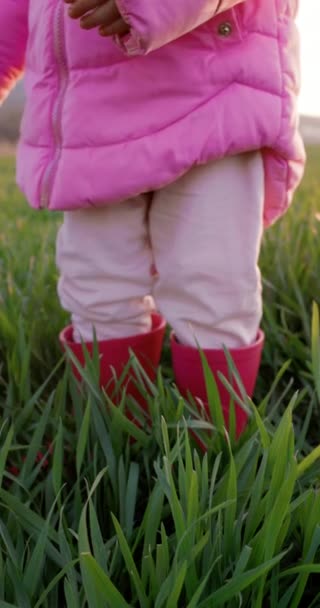 子供の足は日没のライトが付いている農場のブーツで 縦の映像を撮りました 高品質の4K映像 — ストック動画