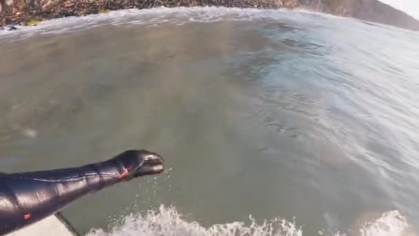 Surfeur sur planche de surf chevauchant sur une vague de rupture. Vue à la première personne du surf dans l'océan au lever du soleil. Images 4k de haute qualité