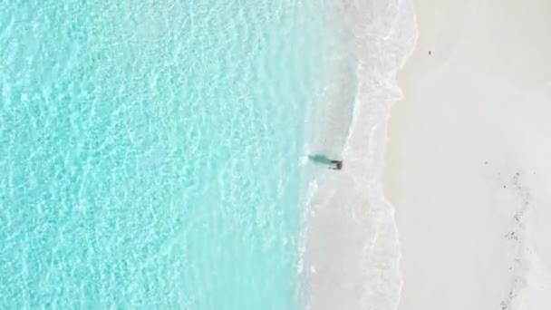 Een Vrouw Badpak Die Een Zandbank Loopt Met Turquoise Oceaan — Stockvideo