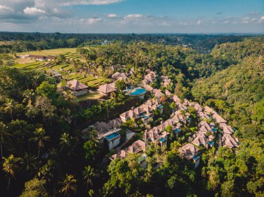 Tropikal ormanlarda saman çatı villaları ve havuzları olan lüks otelin havadan görünüşü. Lüks villa, ormandaki pavyon, Ubud, Bali.