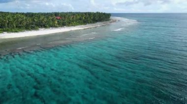 Sahili ve dalgalı okyanusu olan Maldivler adası. Hava görüntüsü. Yüksek kalite 4k görüntü