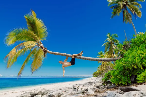 Man Shirtless Relaxing Beach Climbs Coconut Palm Tree Slim Man — Stock Photo, Image