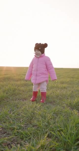 太陽の下で野原を歩いている小さな女の子 高品質の4K映像 — ストック動画