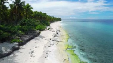Sahili ve dalgalı okyanusu olan Maldivler adası. Hava görüntüsü. Yüksek kalite 4k görüntü