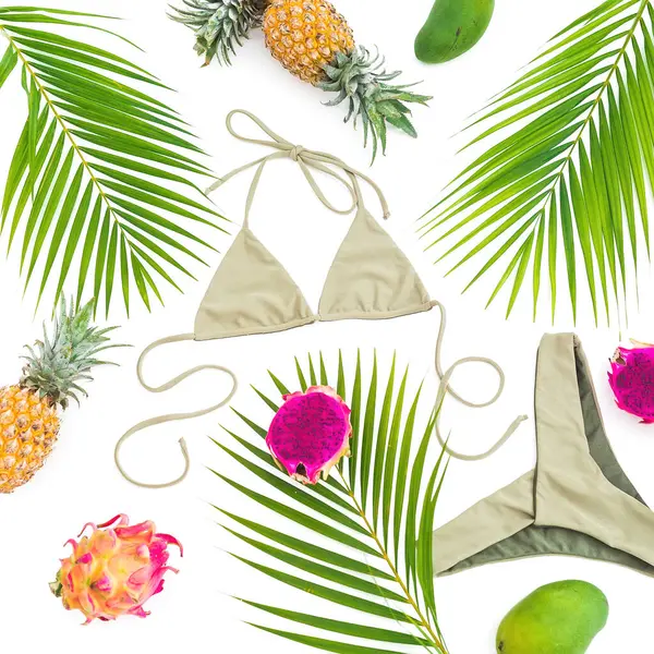 Holiday Vacation Concept Tropical Fruits Palm Tree Leaves Bikini White — Zdjęcie stockowe