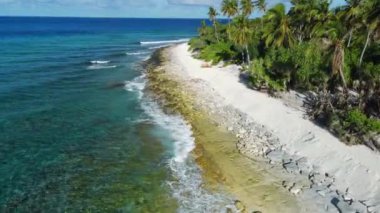 Sahili ve dalgalı okyanusu olan Maldivler adası. Hava görüntüsü. Yüksek kalite 4k görüntü