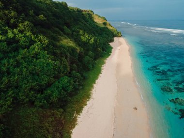 Okyanus dalgaları ve Bali adasındaki kumlu kumsal manzaralı sahil manzarası..