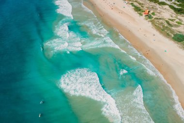 Brezilya 'da güneşli bir günde sörf dalgalarıyla kıyı şeridi ve okyanus. Morro das Pedras, Florianopolis 'in hava manzarası