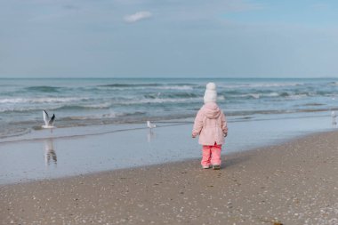 Küçük kız okyanus sahilindeki kuşlara doğru yürüyor. Kış tatili kavramı.