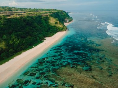 Bali adasında yeşil kayalıkları ve okyanusu olan manzaralı bir sahil. Tropikal tatil plajının havadan görünüşü