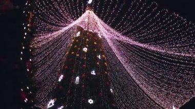 Gece şehrindeki Noel ağacı. Geceleyin Noel ağacının çok güzel bir görüntüsü. Yüksek kalite 4k görüntü