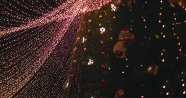 Gece şehrindeki Noel ağacı. Geceleyin Noel ağacının çok güzel bir görüntüsü. Yüksek kalite 4k görüntü