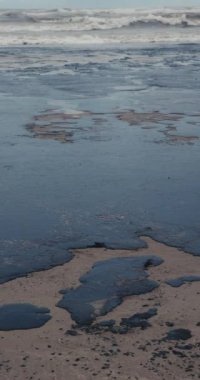 Okyanus kıyısındaki bir tanker kazasından sonra petrol. Petrol yakıtları kumsalı kirletti ve yok etti. Yüksek kalite 4k görüntü