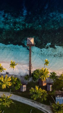 İskelesi ve şeffaf okyanusu olan tropik bir sahil. Endonezya 'da seyahat hedefi, dikey İHA görüntüsü