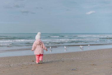 Küçük bir kız çocuğu okyanus kıyısında yürüyor ve martıları izliyor. Kış zamanı.
