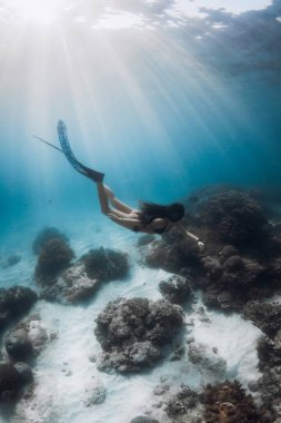 Freediver kadın suyun altında yüzüyor. Kumlu deniz tabanında serbest dalış, aktivite su sporu.