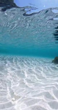 Suyun altında beyaz kumlu, dikey su arka planlı tropik mavi okyanus. Yüksek kalite 4k görüntü