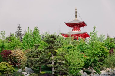 26 Nisan 2024. Krasnodar, Rusya. Krasnodar Parkı 'nda çiçek ve Budist tapınağı olan yaz Japon bahçesi.