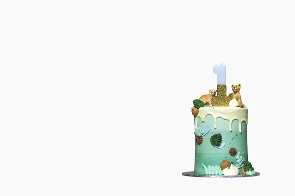 白い背景に隔離された1年の誕生日スマッシュケーキ 装飾的な誕生日ケーキ1年パーティー幸せな誕生日カラフルな — ストック写真