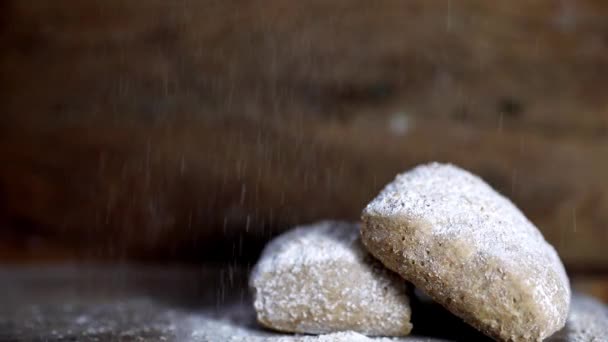 Flour Falling Fresh Bread Shaped Loafs Bread Flour Dropping Kitchen — Vídeos de Stock