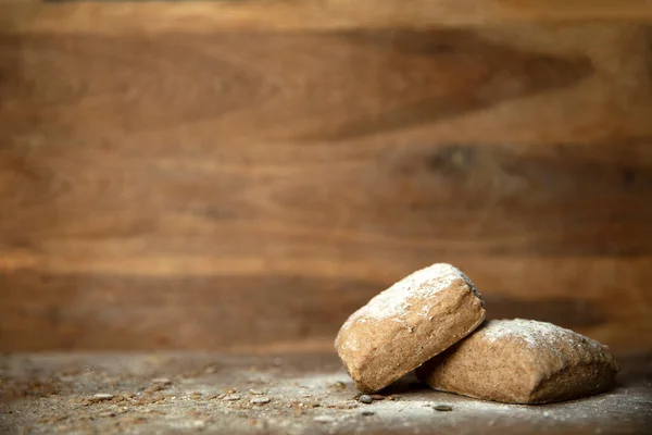 Fresh Baked Bread Flour Wooden Table Background Copy Space Close — Φωτογραφία Αρχείου