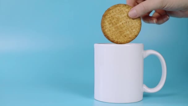 Eating Normal Grain Healthy Cookie Milk Female Hand Dipping Cookies — Vídeo de Stock