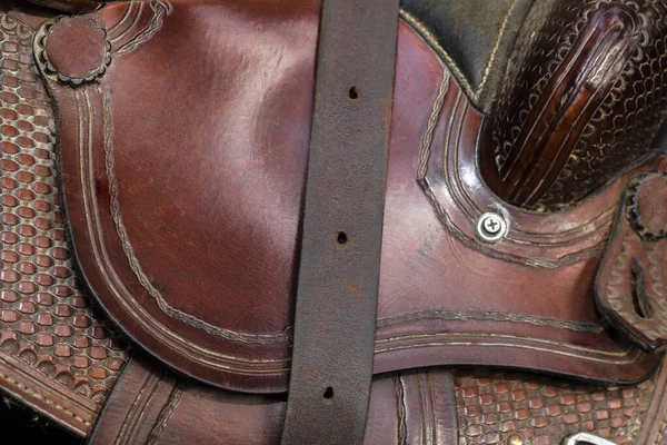 Lederen Paard Zadel Ontwerp Close Achtergrond Textuur Bruine Cowboy Ontwerp — Stockfoto