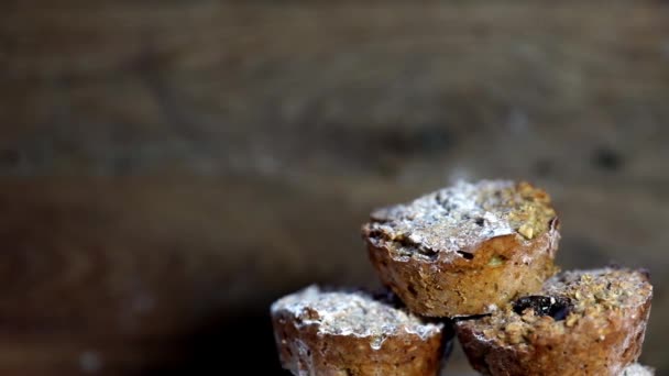 Fresh Muffins Banana Wooden Background Shallow Focus Turning Copy Space — Stockvideo