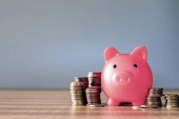 Sparschwein Rosa Farbe Mit Geldstapel Steigern Das Wachstum Sparen Geld — Stockfoto