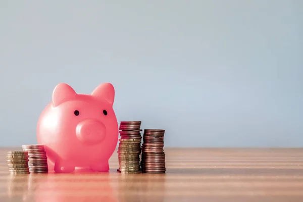 Piggy Bank Roze Kleur Met Geld Stapel Verhogen Groeiende Groeibesparend — Stockfoto