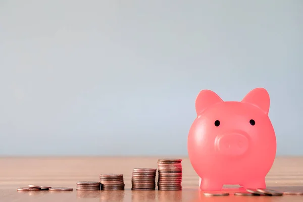Piggy Bank Warna Merah Muda Dengan Tumpukan Uang Meningkatkan Pertumbuhan — Stok Foto