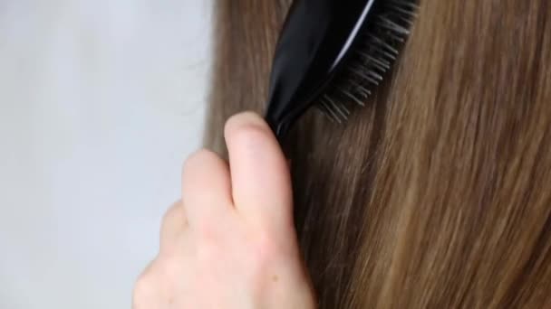 Молодая Брюнетка Расчесывает Волосы После Стирки Делает Прическу Инструменты Устройства — стоковое видео