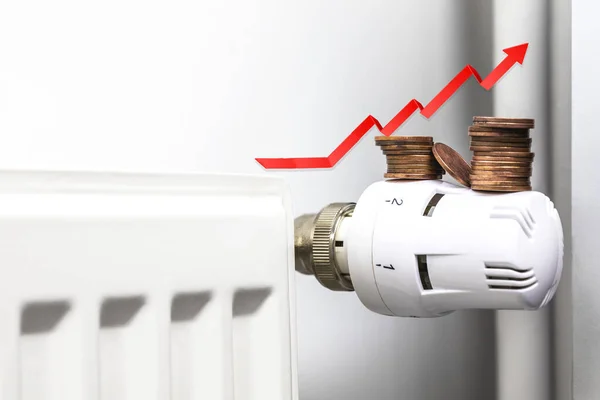 Increasing Energy Bills Rising Red Arrow Coins Heating Radiator Cost — Stock Photo, Image