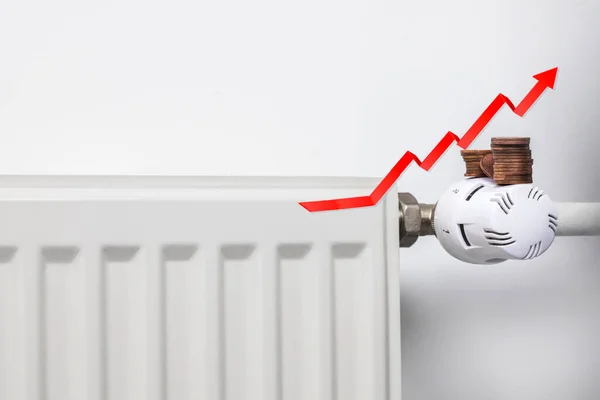 Increasing Energy Bills Rising Red Arrow Coins Heating Radiator Cost — Stock Photo, Image