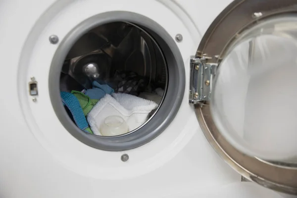 Laundry Concept White Modern Washing Machine Open Door Standing Bright — Stock Photo, Image