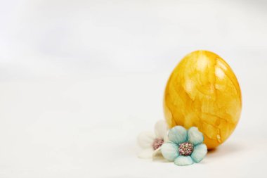 Easter eggs painted in pastel colors on a white background with copy space and cute spring flowers, Happy Easter Holiday concept with space for text. Yellow pink and blue bright colors