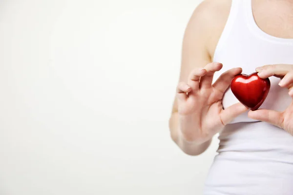 Health Medicine Charity Concept Close Female Hands Small Red Heart — Fotografia de Stock